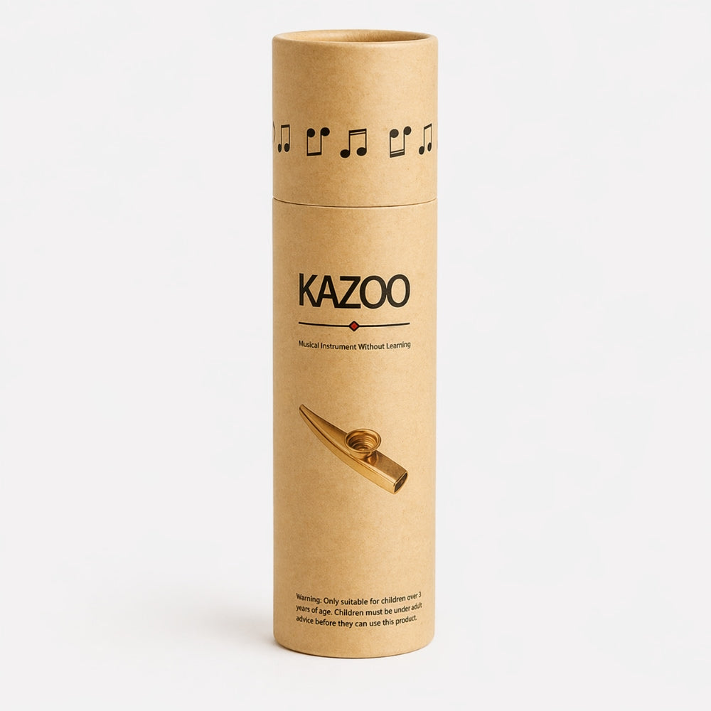 Kazoo packaging with gold instrument on a white background