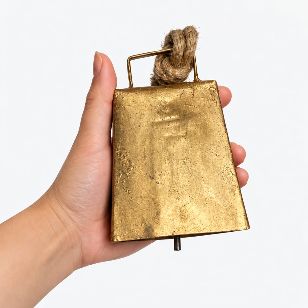 A hand holding a rustic, square-shaped brass cow bell with a rope handle against a plain white background.