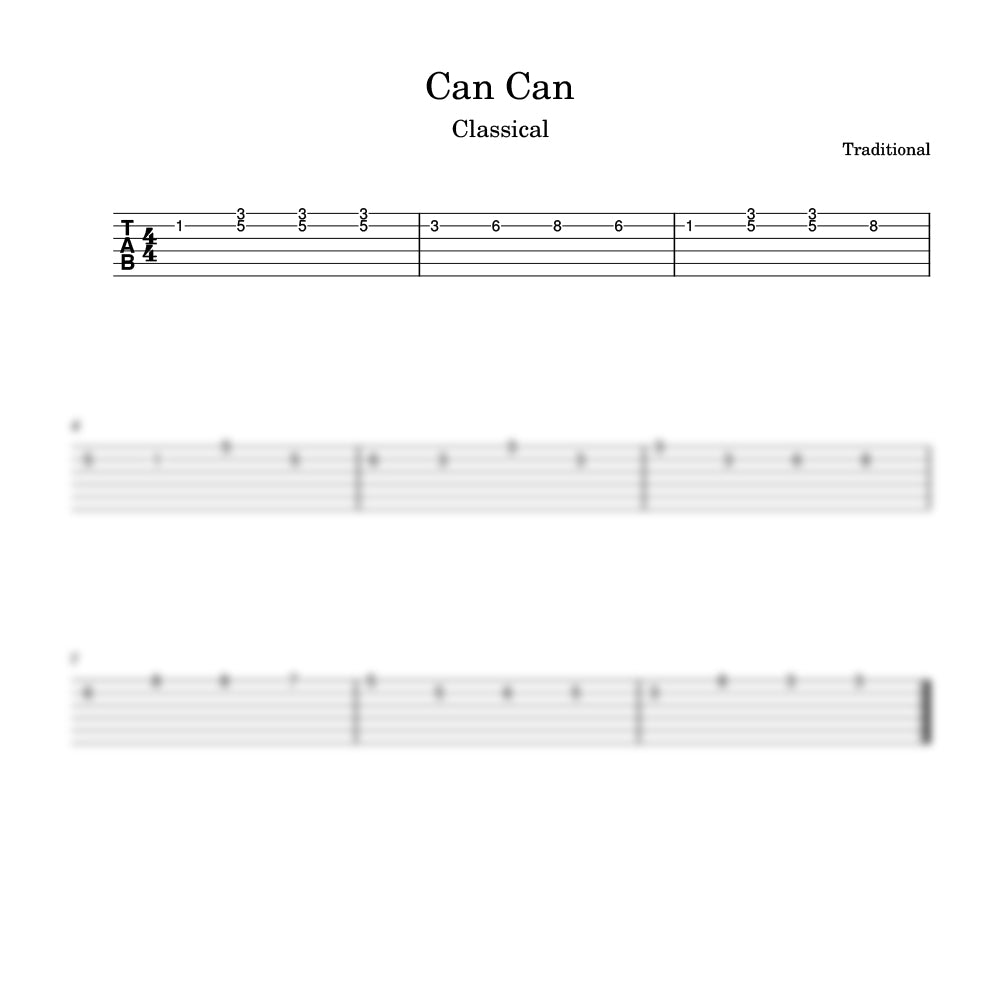 Music sheet for 'Can Can' with a guitar tablature and traditional notation.
