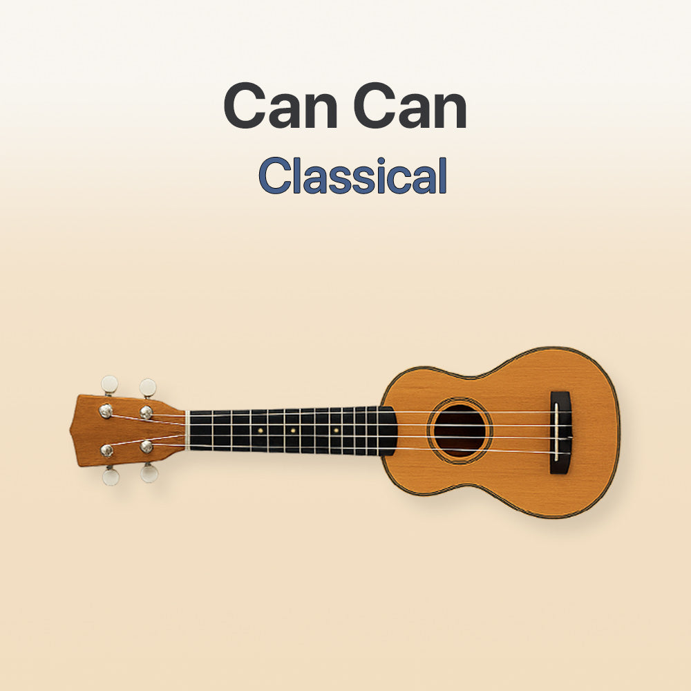 Wooden ukulele on a beige background with 'Can Can Classical' text.