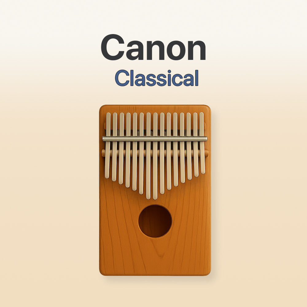 Wooden kalimba with metal tines on a beige background, featuring the 'Canon Classical' song.