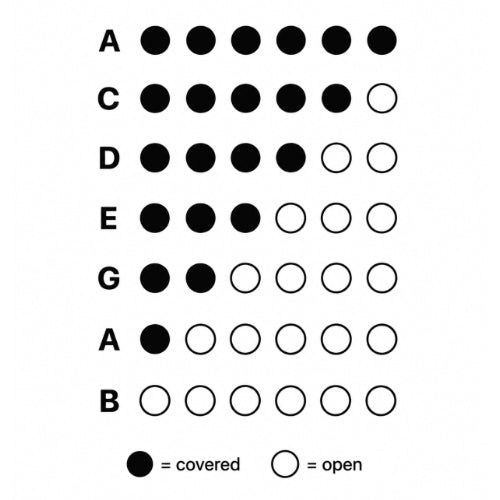 A black-and-white chart showing rows of circles labeled A, C, D, E, G, A, and B, with a legend at the bottom indicating filled circles mean covered and empty circles mean open.