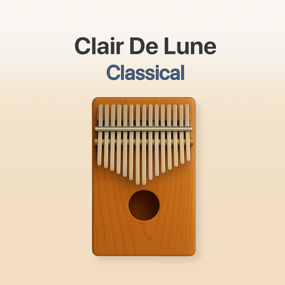 Wooden kalimba with metal tines on a beige background, featuring the text 'Clair De Lune Classical'.