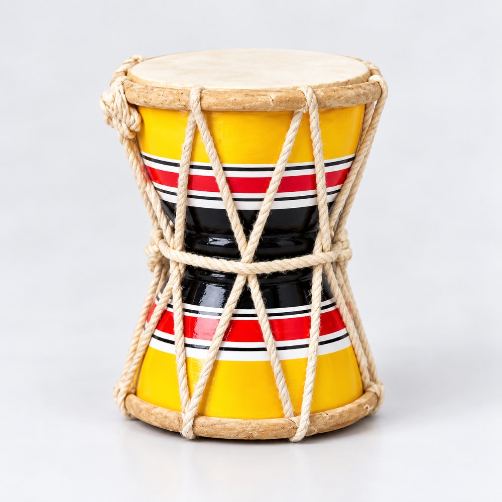 Yellow red and black traditional indian damaru drum on a light grey studio background