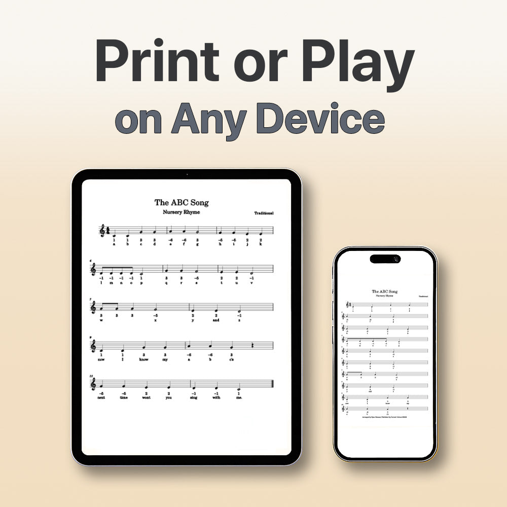 Digital sheet music displayed on a tablet and smartphone with text 'Print or Play on Any Device'.