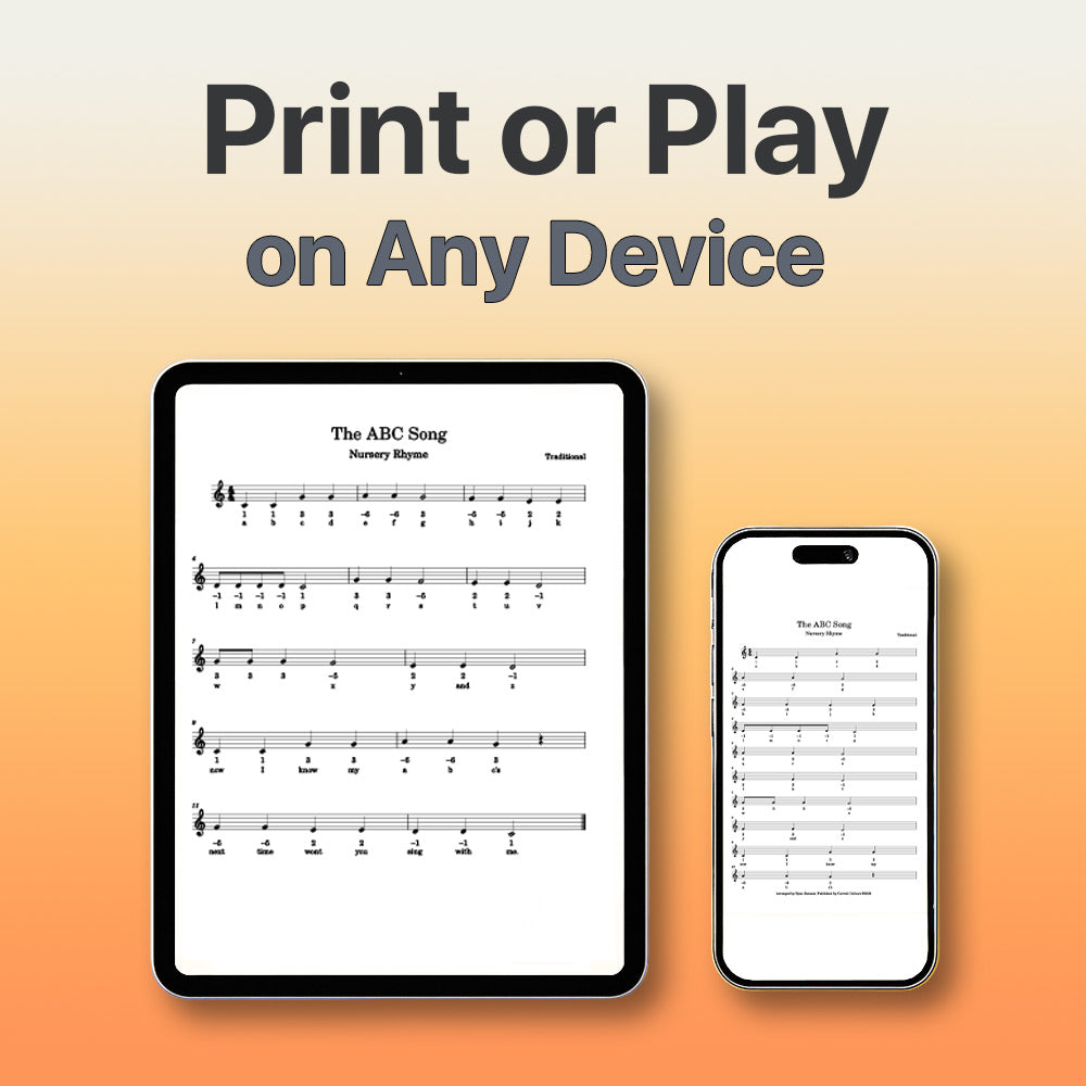 Digital sheet music displayed on a tablet and smartphone with 'Print or Play on Any Device' text.