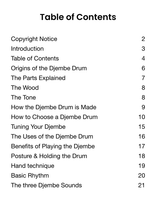 Djembe drum player book Table of contents
