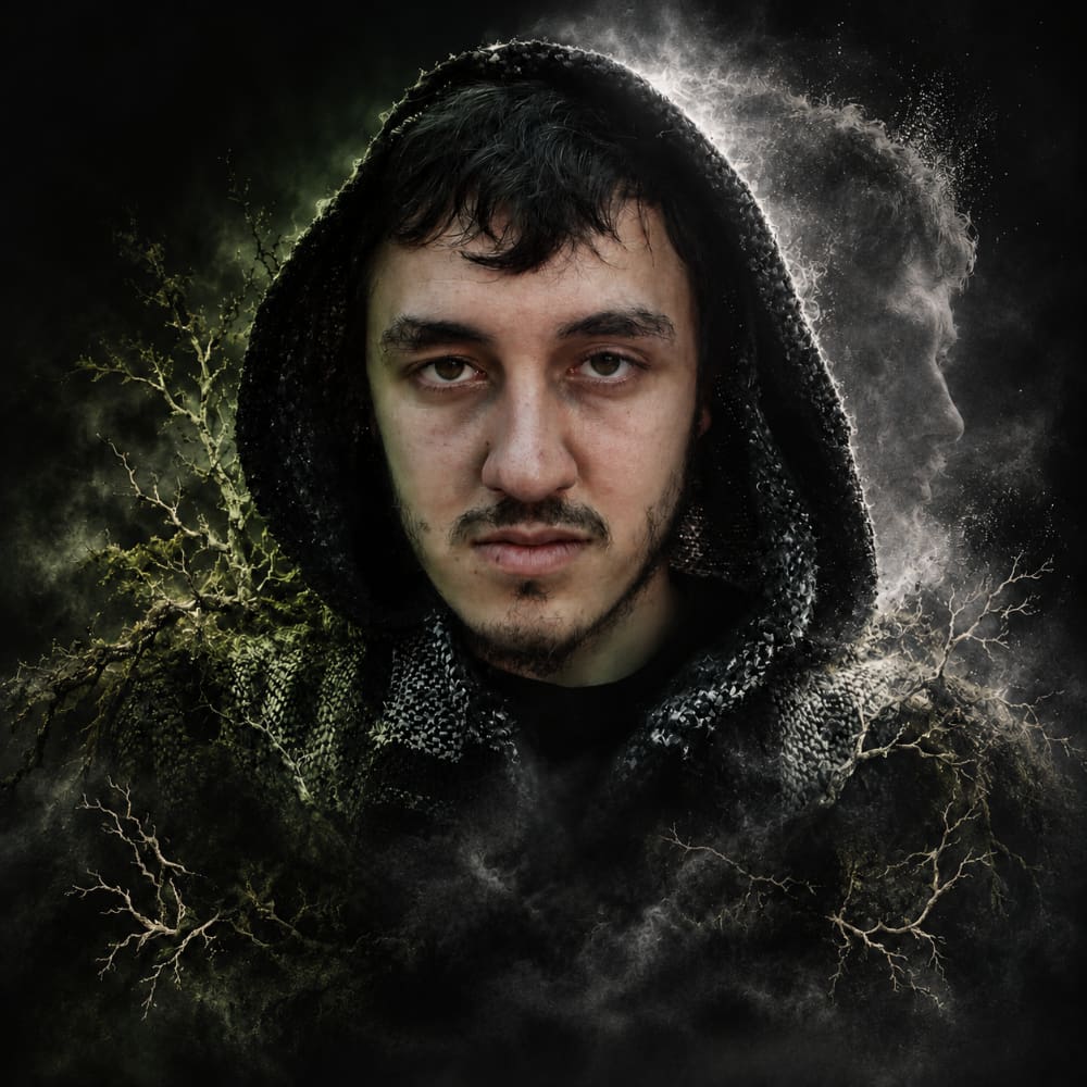 A man wearing a dark hooded robe with dramatic smoke and lightning effects around him, set against a black background.