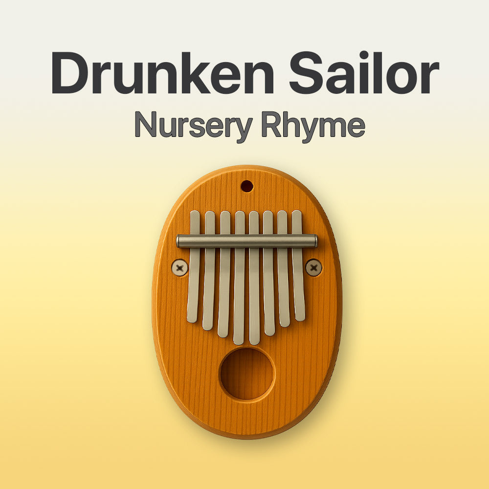 Wooden kalimba with metal tines on a yellow background, labeled 'Drunken Sailor Nursery Rhyme'.