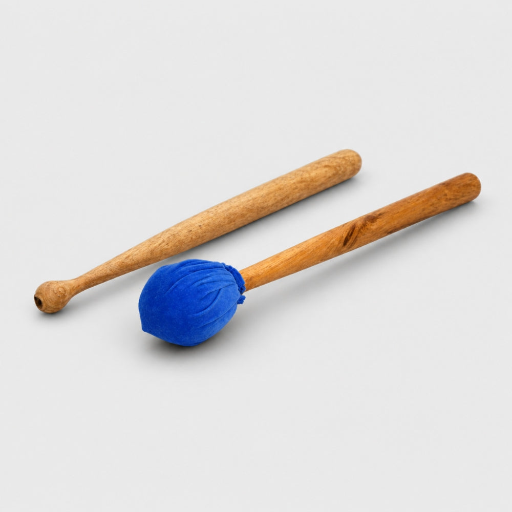 Pair of two solid wood dundun beater drum sticks with a blue end on a light gray studio background