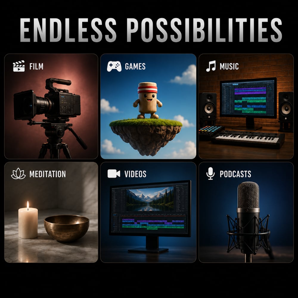 A promotional graphic with the large text 'ENDLESS POSSIBILITIES' at the top and six rounded-panel tiles below showing creative-media scenes: a film camera, a floating game character, a music workstation, meditation candle and bowl, a video editing screen, and a studio microphone.