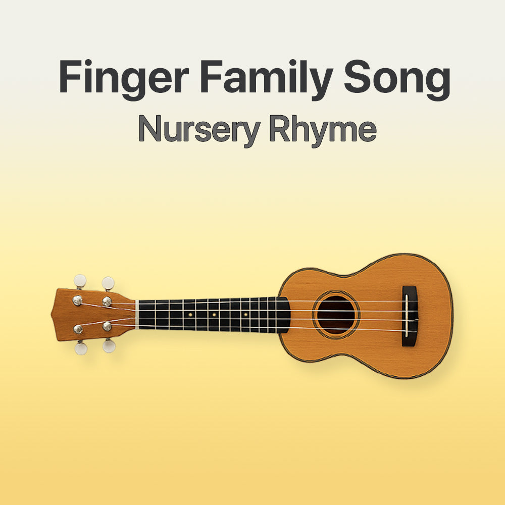Wooden ukulele on a yellow background with text 'Finger Family Song Nursery Rhyme'.