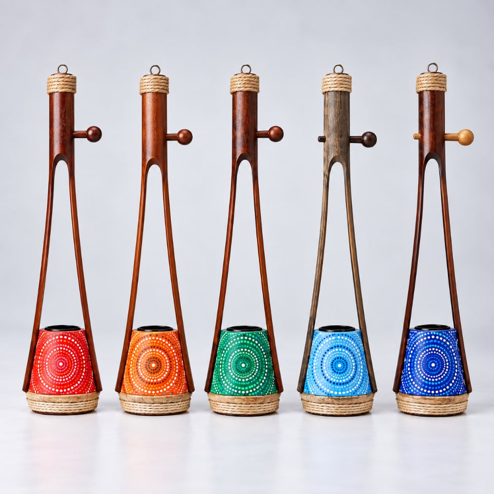 Five handcrafted Gopichand Instruments in vibrant contrasting Aboriginal-style dot art patterns in red, orange, green, light blue, and dark blue. Arranged in a row against a light gray studio background. 
