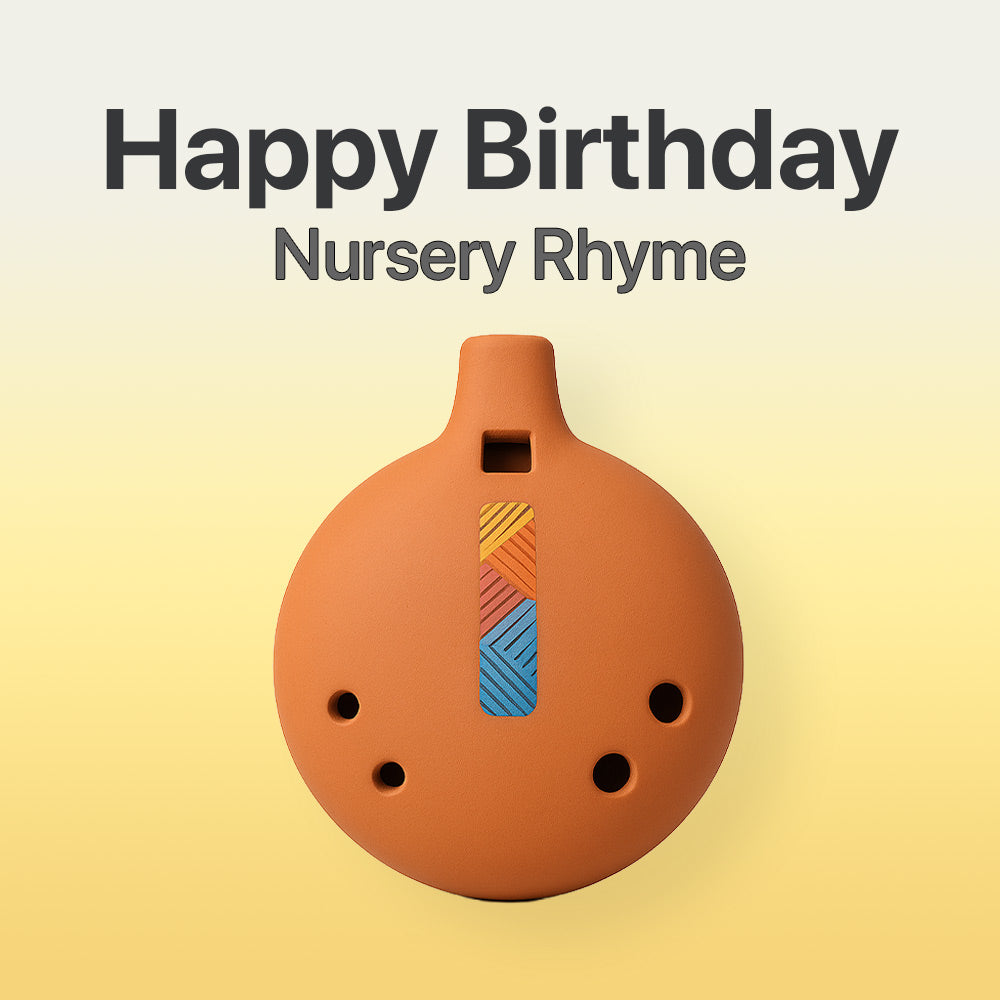 Terracotta-colored musical instrument with colorful design on a gradient background, featuring 'Happy Birthday Nursery Rhyme' text.