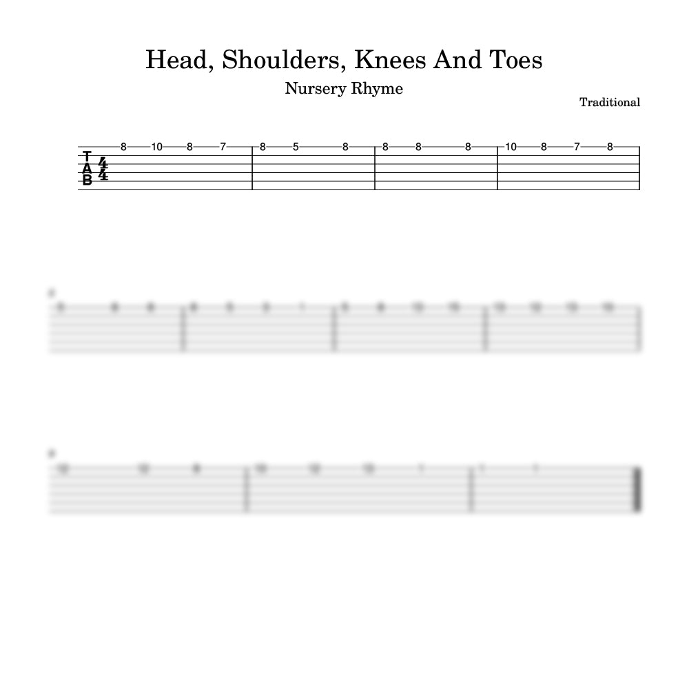 Sheet music for the nursery rhyme 'Head, Shoulders, Knees and Toes' with musical notation.