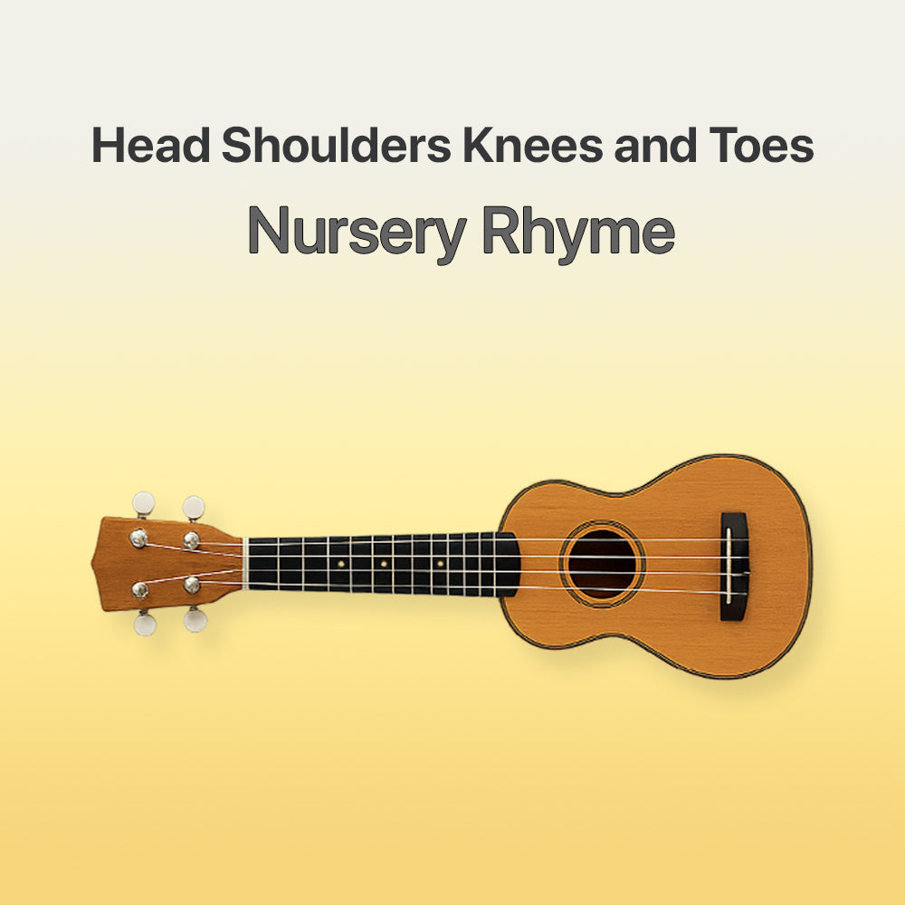 Ukulele on a yellow background with text 'Head Shoulders Knees and Toes Nursery Rhyme'.