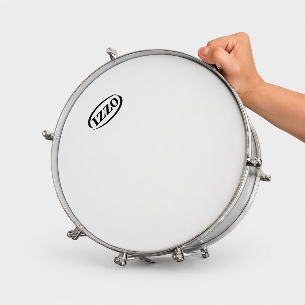 Drum head with 'IZZO' logo held by a hand on a white background