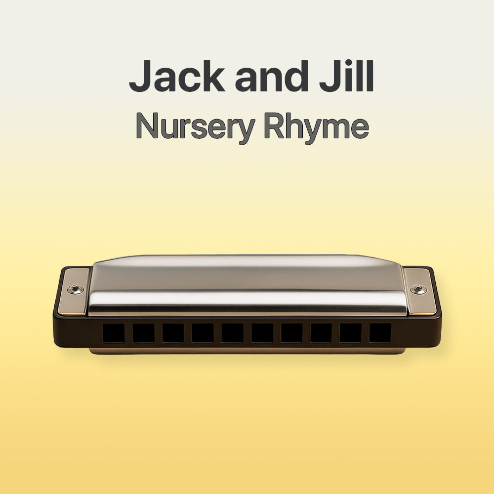 Harmonica on a yellow background with 'Jack and Jill Nursery Rhyme' text
