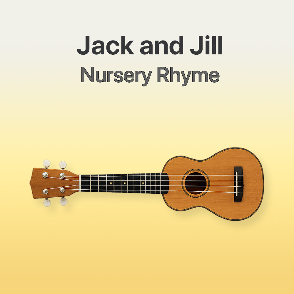 Ukulele on a yellow background with 'Jack and Jill Nursery Rhyme' text