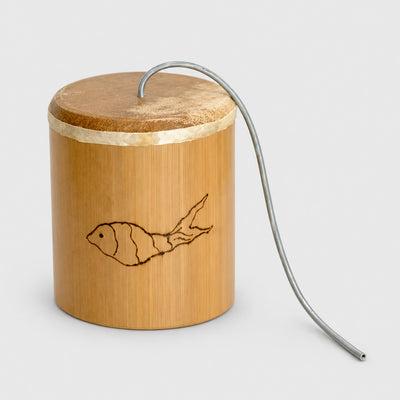 Jati bamboo thunder spring drum with fish design on a light grey studio background