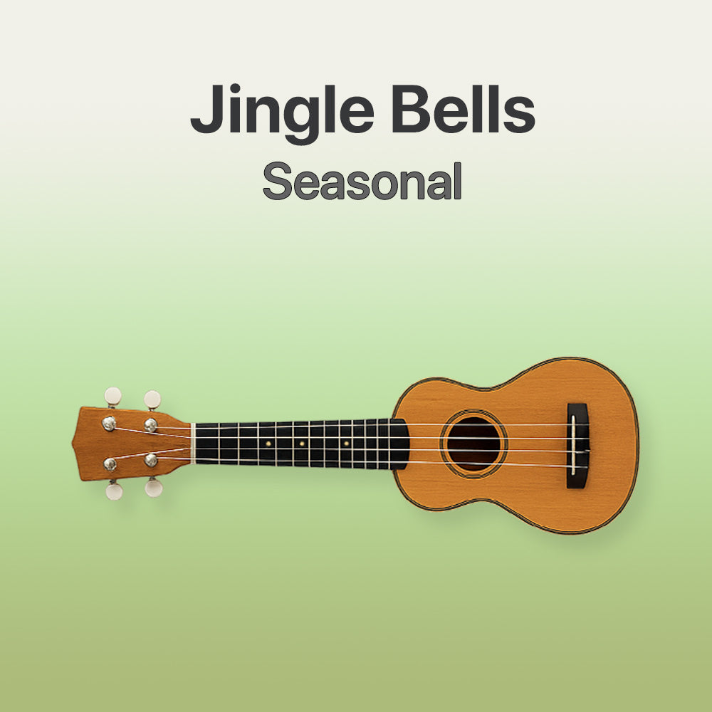 Wooden ukulele on a light green background with 'Jingle Bells Seasonal' text.