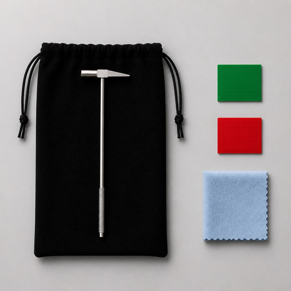 Black drawstring soft kalimba case bag with a metal tuning hammer tool, green and red stickers, and a blue microfibre cleaning cloth on a light gray studio background.