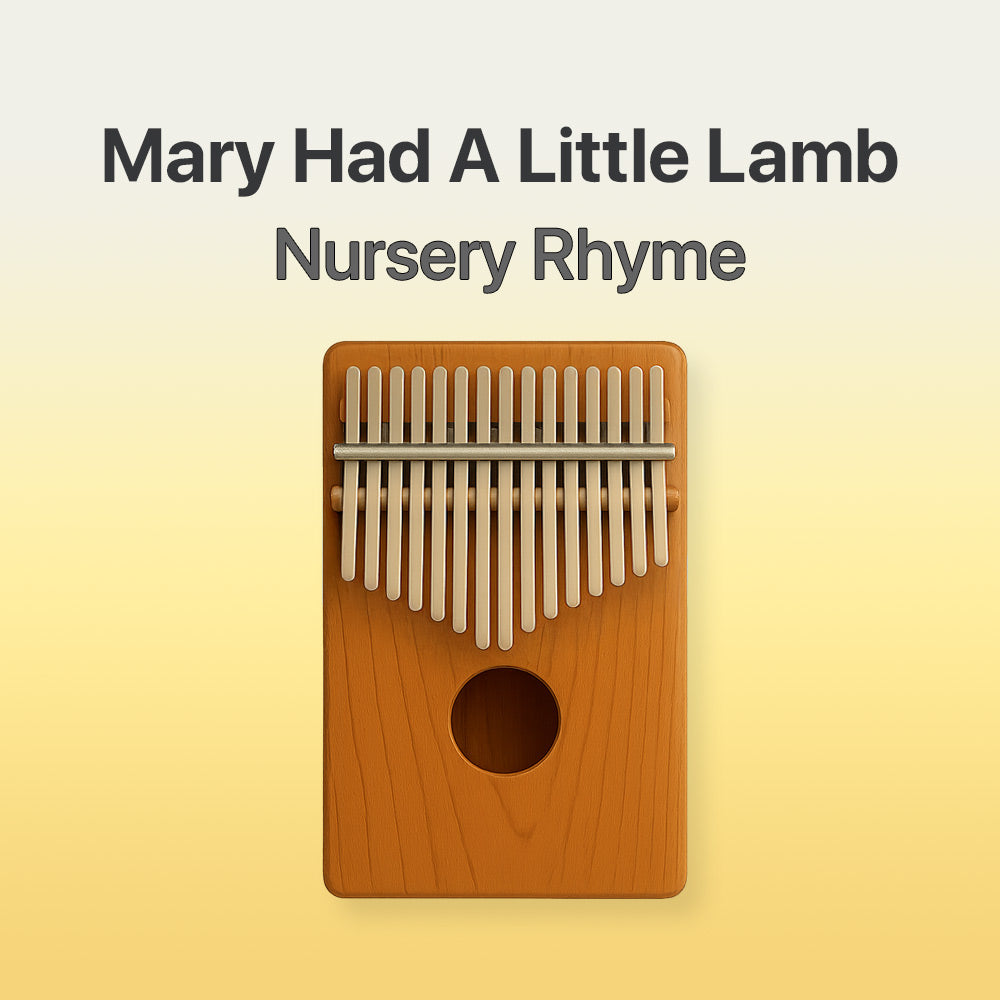 Wooden kalimba with text 'Mary Had A Little Lamb Nursery Rhyme' on a yellow background