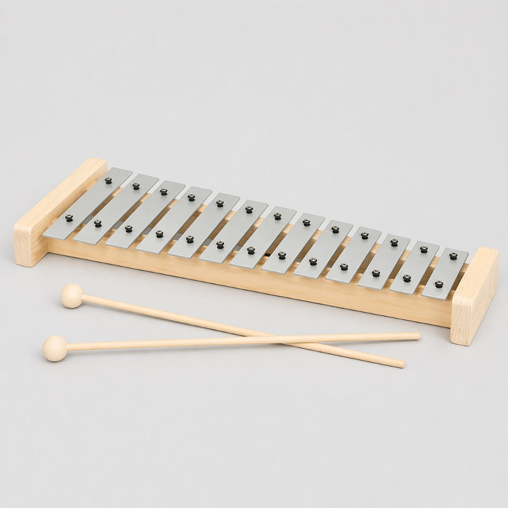 13 note Morii metallophone with solid wood frame and metal chimes with two mallet beaters on a light gray background