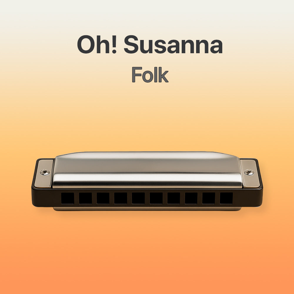 Harmonica with 'Oh! Susanna Folk' text on a gradient background