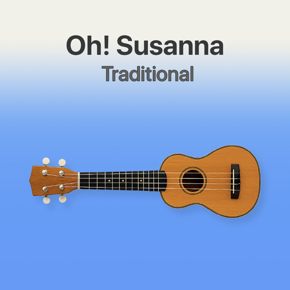 Wooden ukulele on a blue background with 'Oh! Susanna Traditional' text.