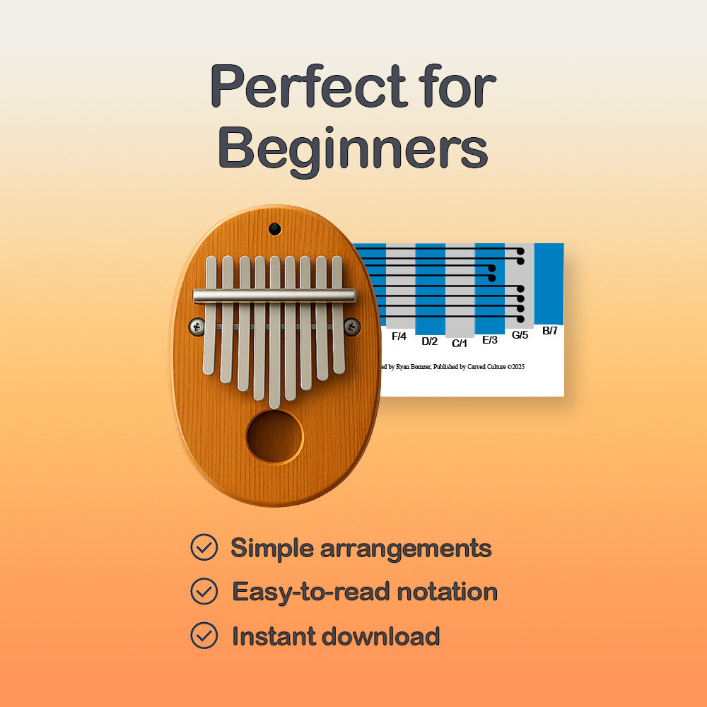 Wooden kalimba with music notation on an orange gradient background