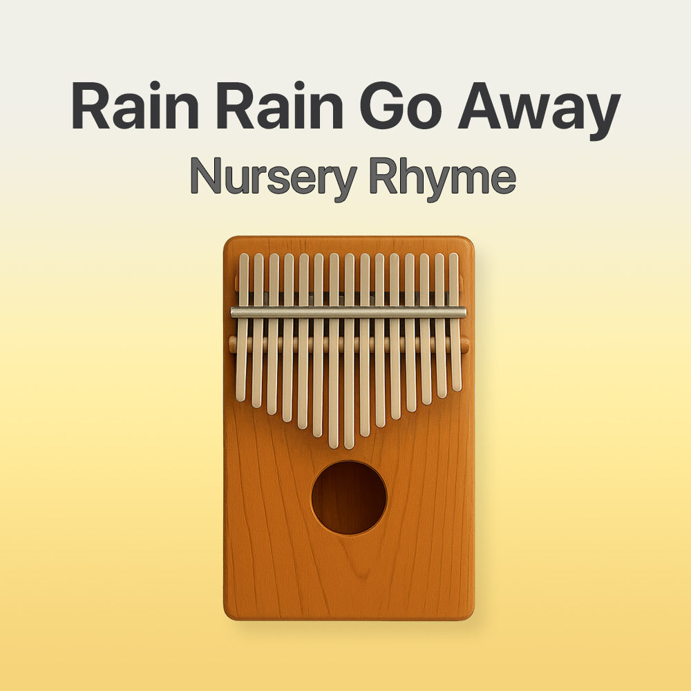 Wooden kalimba with text 'Rain Rain Go Away Nursery Rhyme' on a gradient background