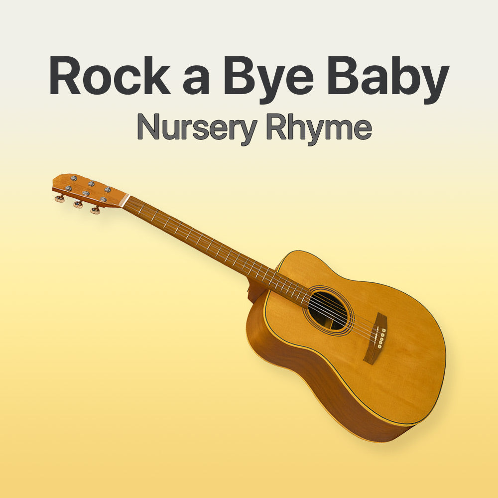 Acoustic guitar on a gradient background with 'Rock a Bye Baby Nursery Rhyme' text.