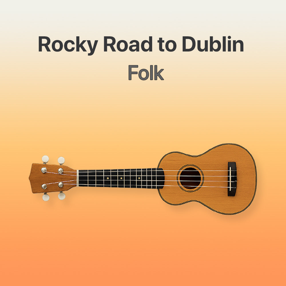 Ukulele on an orange gradient background with 'Rocky Road to Dublin Folk' text.