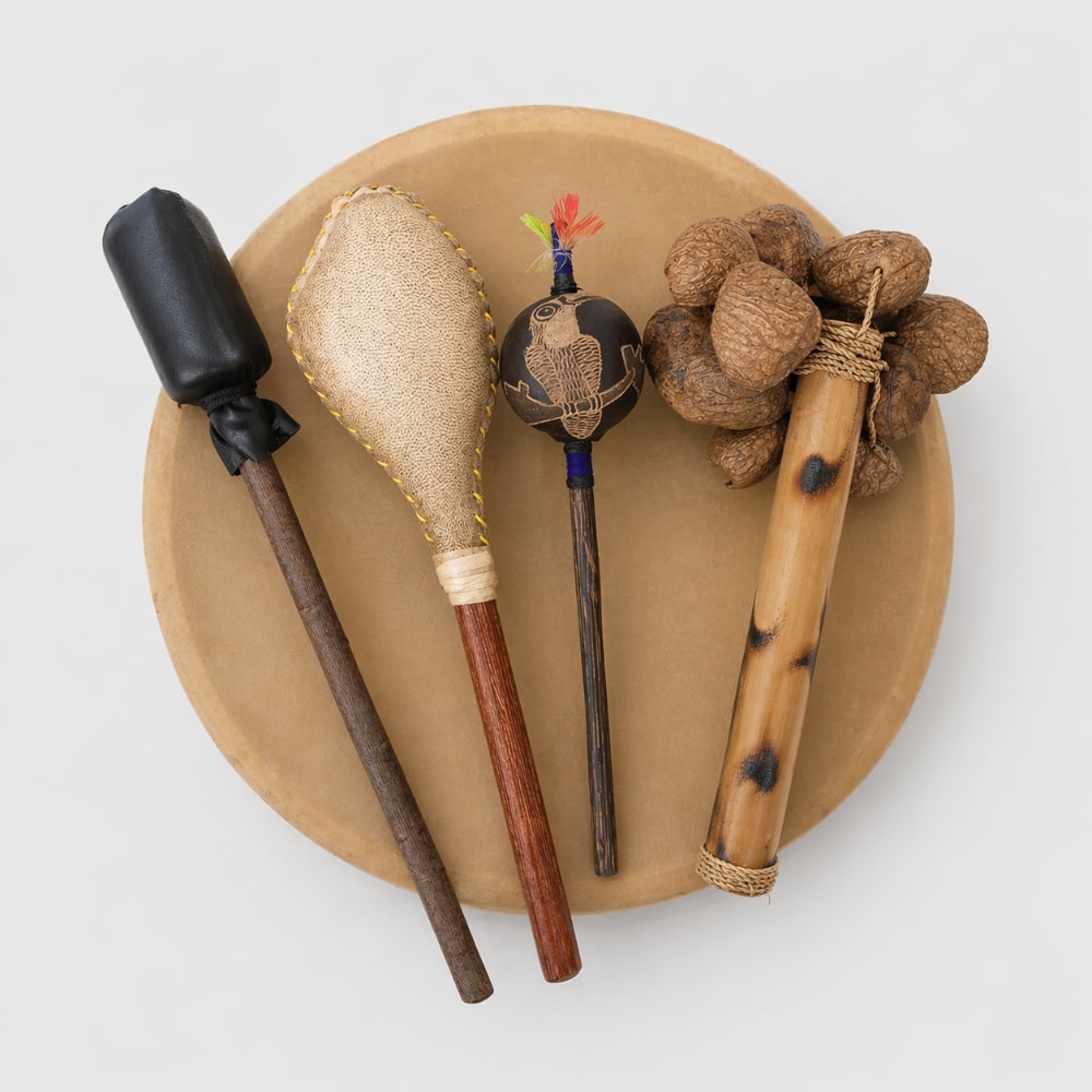 Shamanic instruments bundle including shamanic drum made from cows hide, beater, shamanic shaker, shipibo shaker, and Raha seed stick shaker