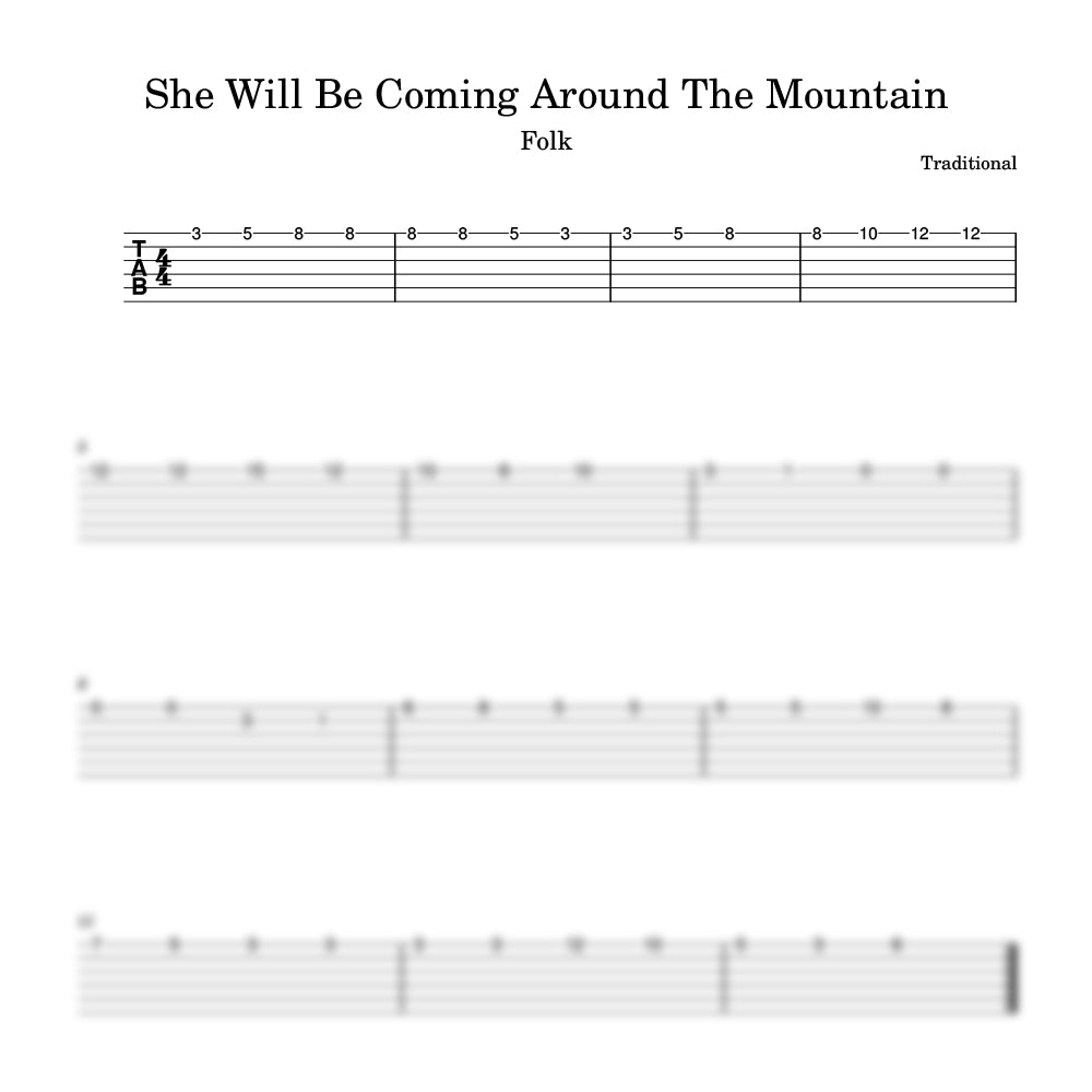 Sheet music for 'She Will Be Coming Around The Mountain' with guitar tablature and staff notation.