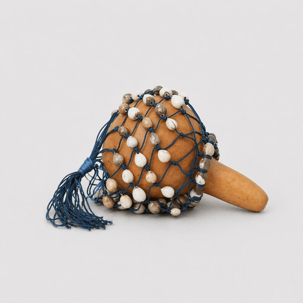 small gourd rattle with beads and netting 