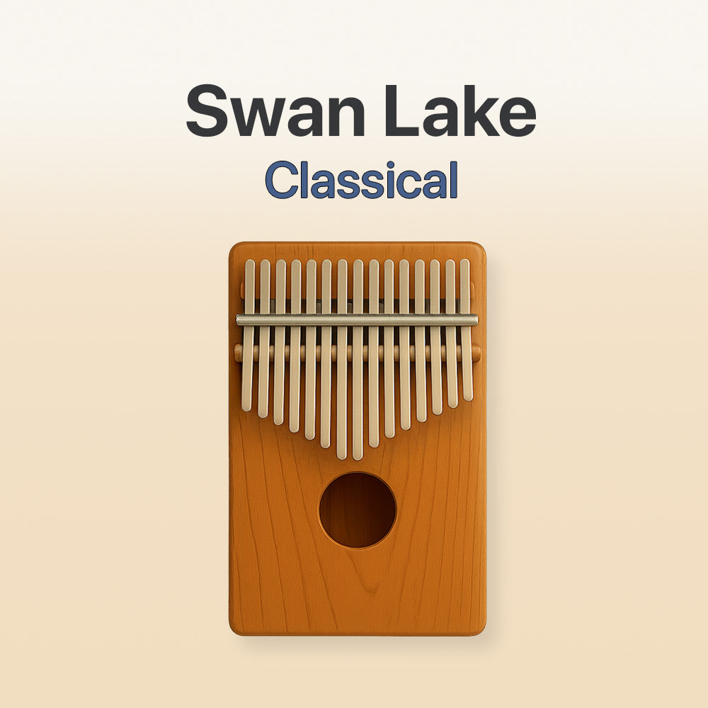 Wooden kalimba with metal tines on a beige background, labeled 'Swan Lake Classical'.