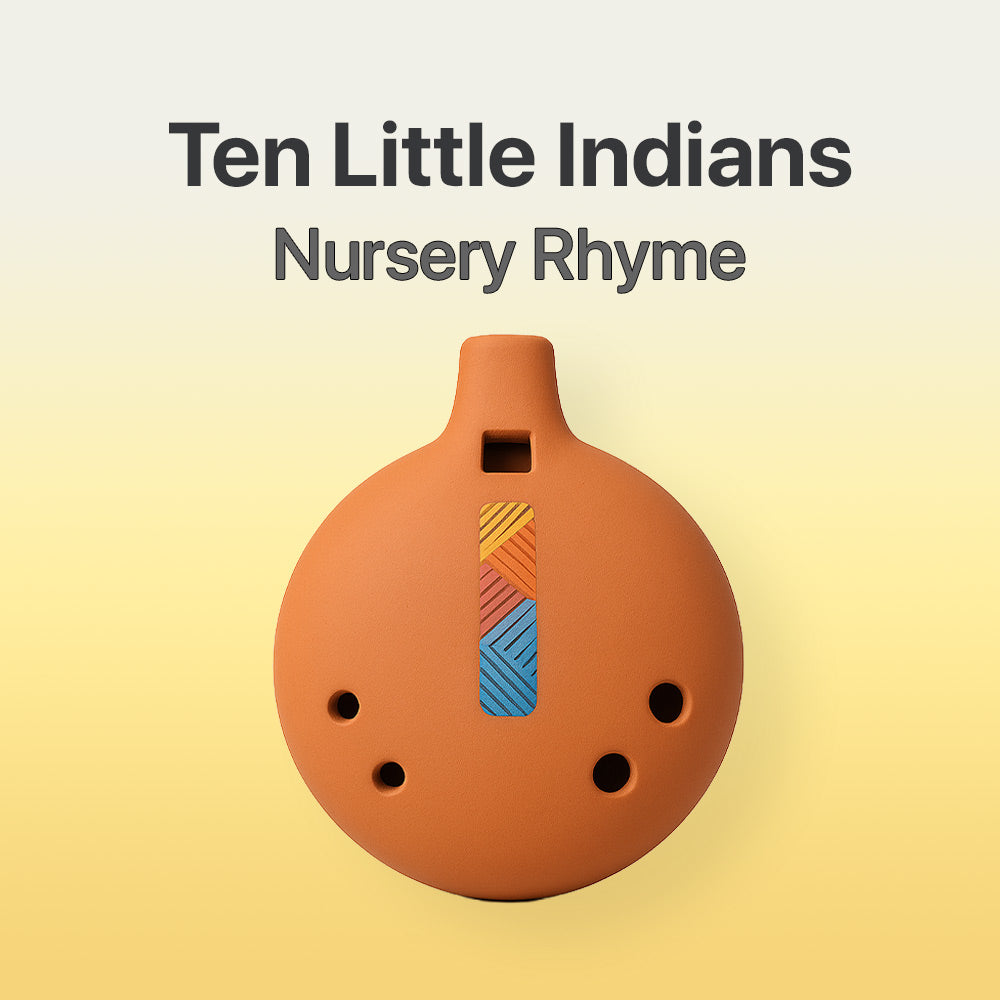 Ceramic ocarina with colorful design on a yellow background, featuring text 'Ten Little Indians Nursery Rhyme'.