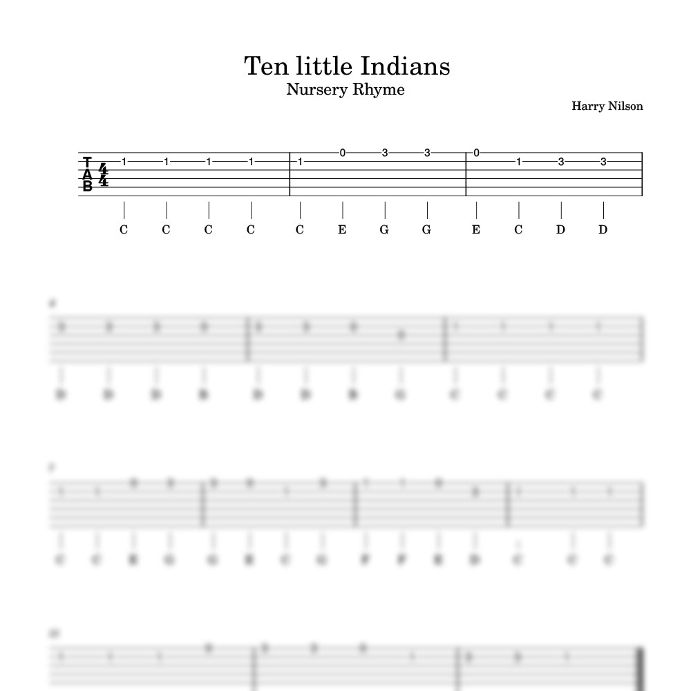 Music sheet for 'Ten little Indians' nursery rhyme by Harry Nilson with guitar tab and notes.