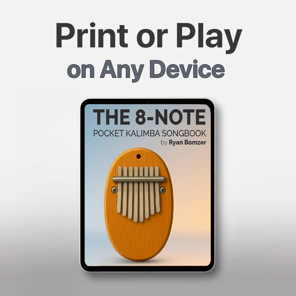 8-note pocket kalimba songbook on a tablet screen with text 'Print or Play on Any Device'.