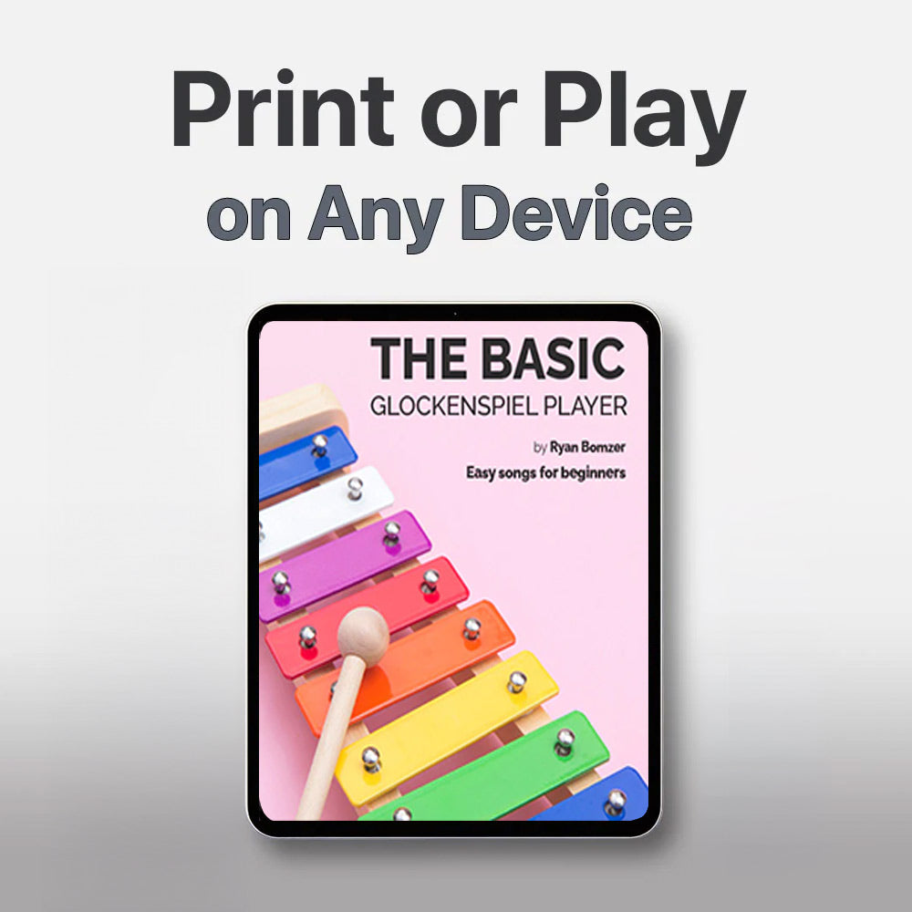 Colorful glockenspiel on a tablet screen with text 'Print or Play on Any Device' and 'The Basic Glockenspiel Player' by Ryan Bonzer.