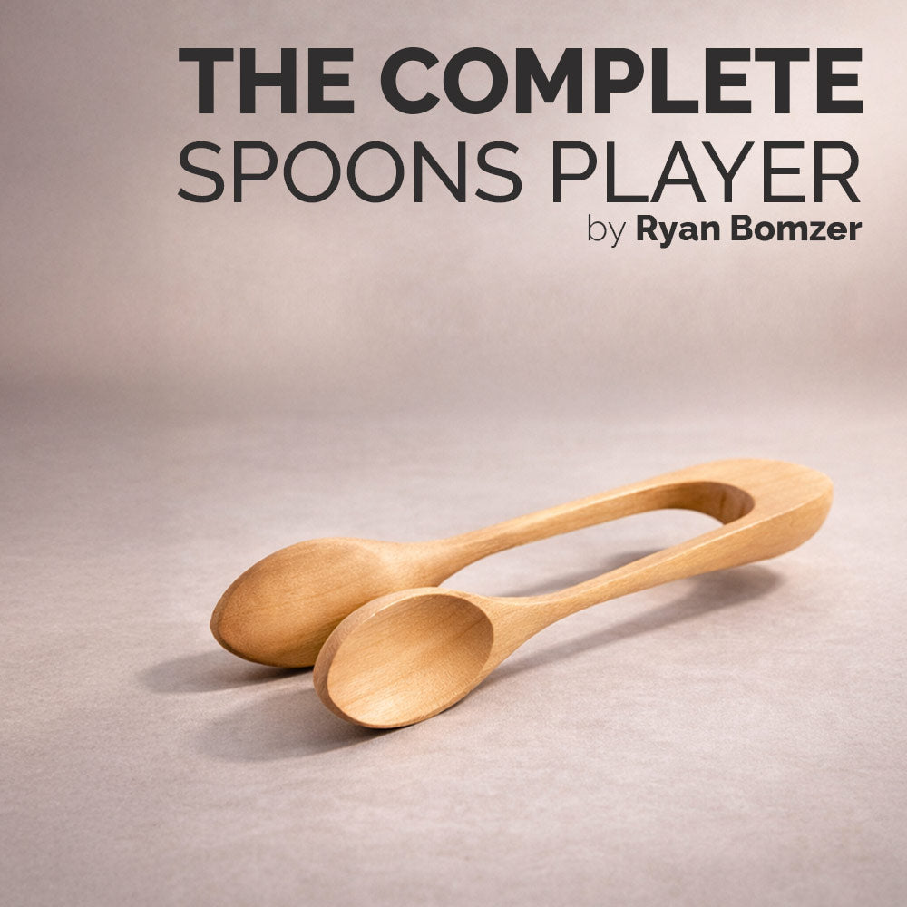 Two wooden spoons on a beige background with text 'The Complete Spoons Player by Ryan Bomzer'.