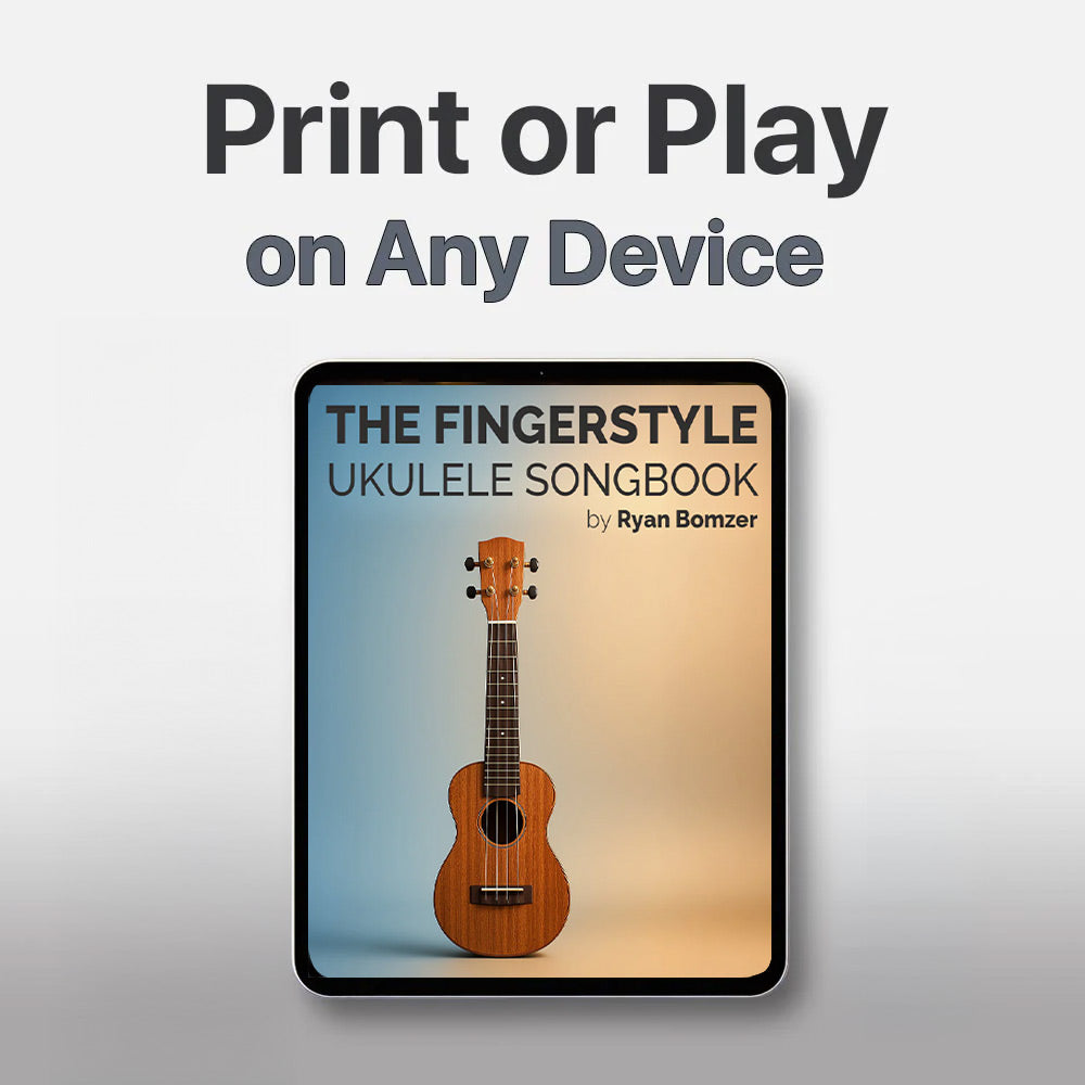 Fingerstyle ukulele songbook cover with a ukulele illustration on a gray background