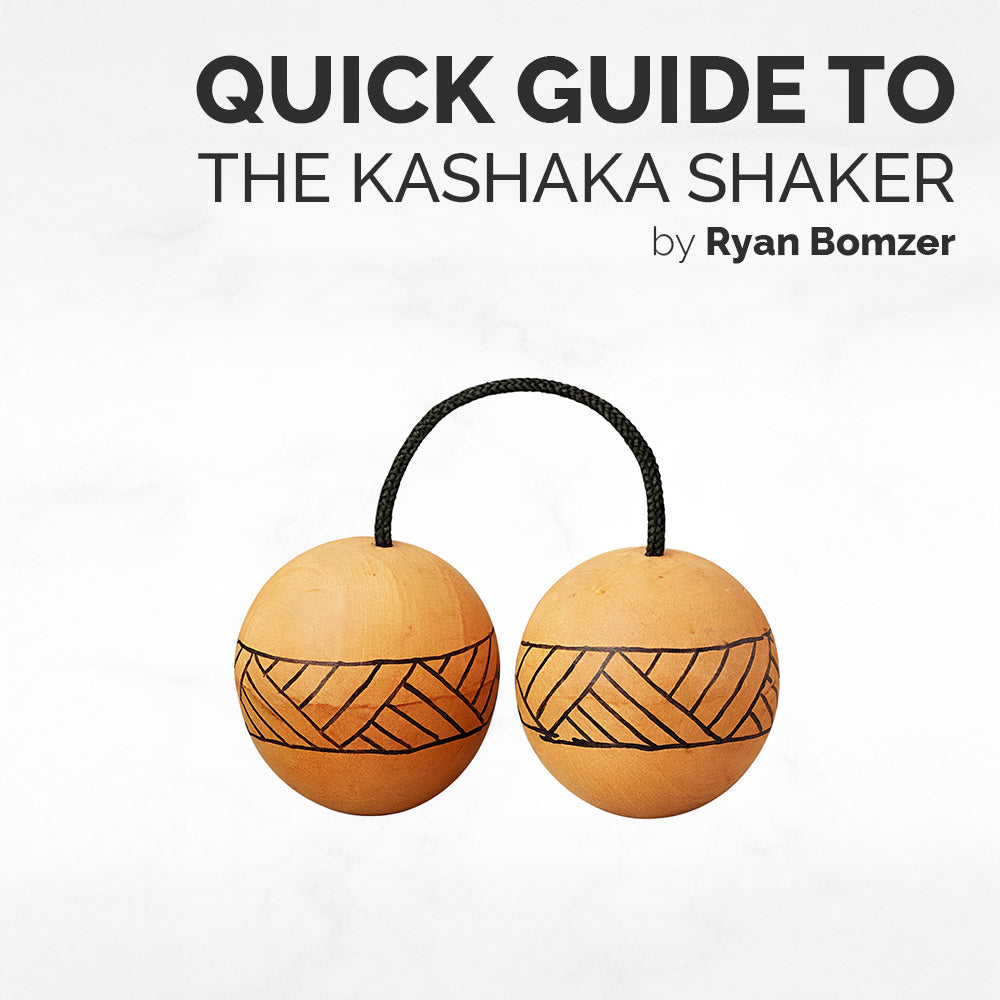 Wooden Kashaka shakers with decorative patterns on a white background, featuring text about Ryan Bomzer.
