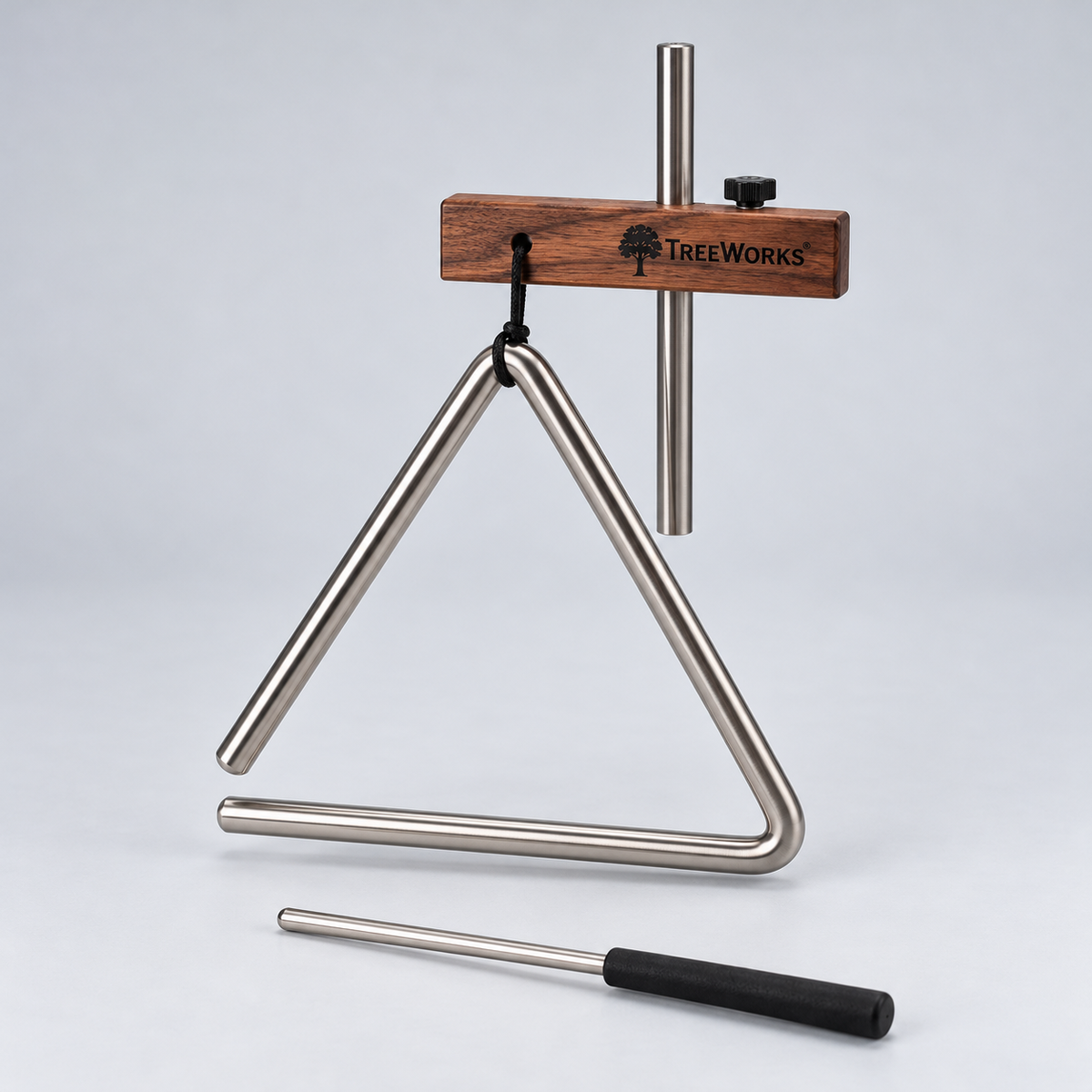 TreeWorks 10-inch triangle with beater and holder on silver-grey studio background