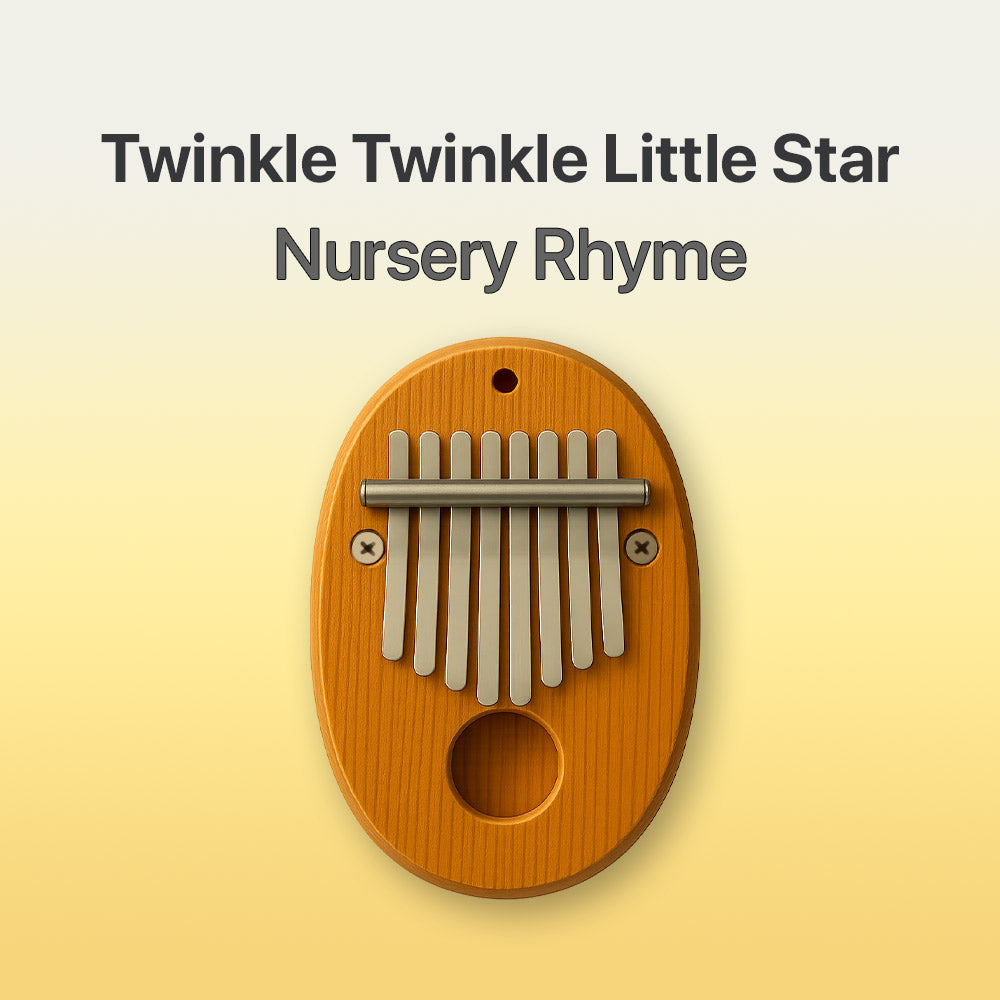 Wooden kalimba with metal tines on a yellow background, featuring the text 'Twinkle Twinkle Little Star Nursery Rhyme'.