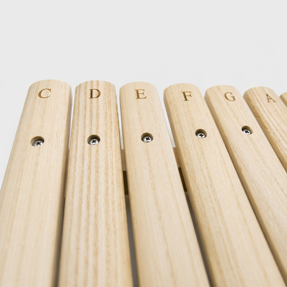 Xylophone with engraved notes: C, D, E, F, G, A on a light gray studio background